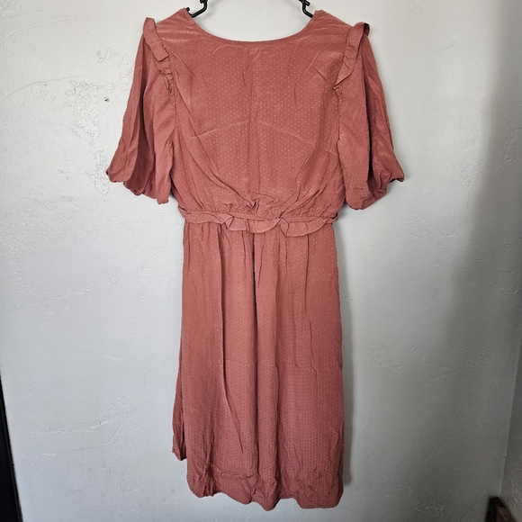 Skies Are Blue Women's Small Pink Puff Sleeve Midi Sundress Knee Length Surplice - Picture 7 of 9